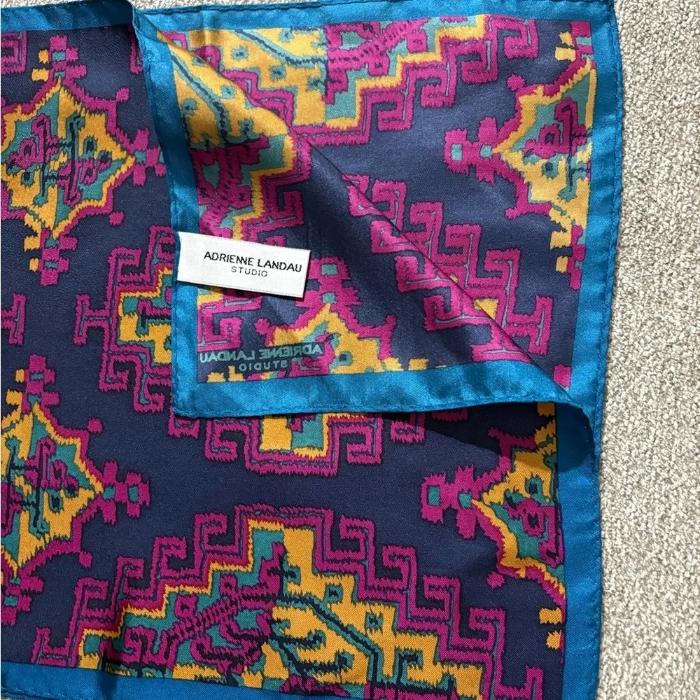 ⭐️ Adrienne Landau Studio 100% Silk Scarf | Geometric Ikat Print | Navy Teal